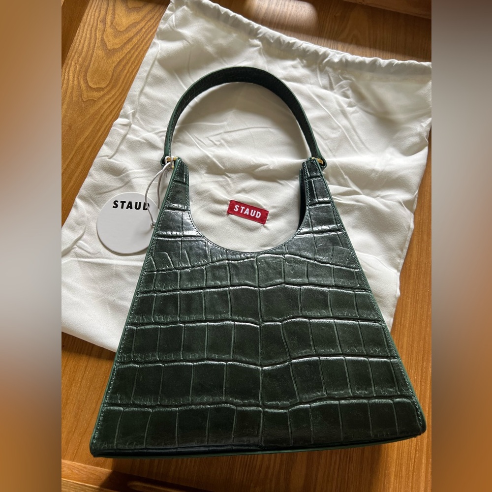 STAUD Rey Bag Dark Green Croc-Embossed Shoulder Bag